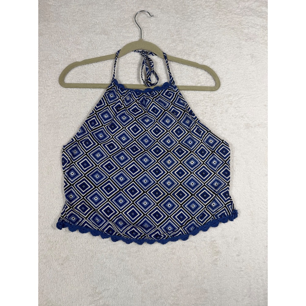 Passport Halter Top Women Large Blue Good Geometric Crochet Trim Boho Festival